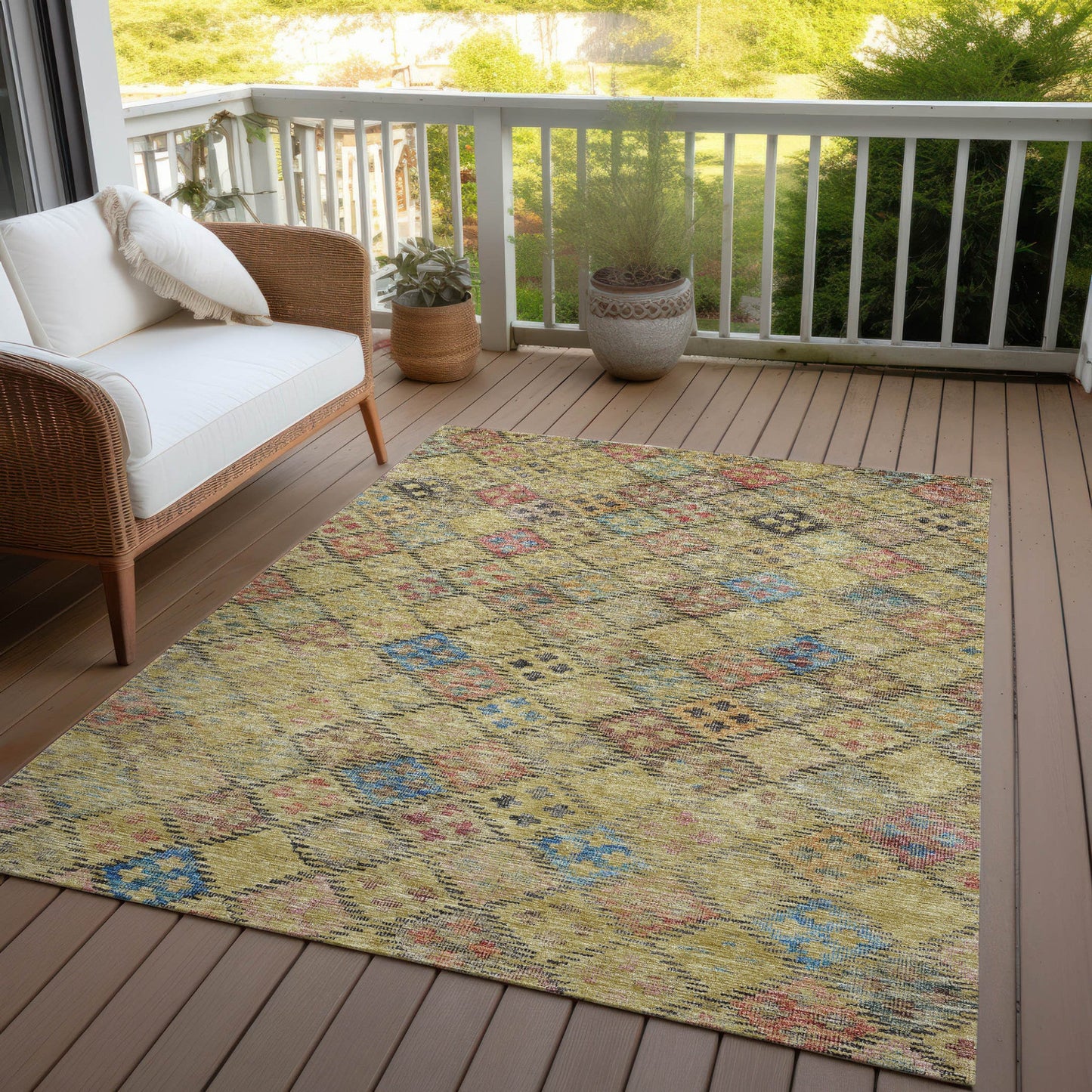 3' X 5' Gold Pink And Blue Geometric Washable Indoor Outdoor Area Rug