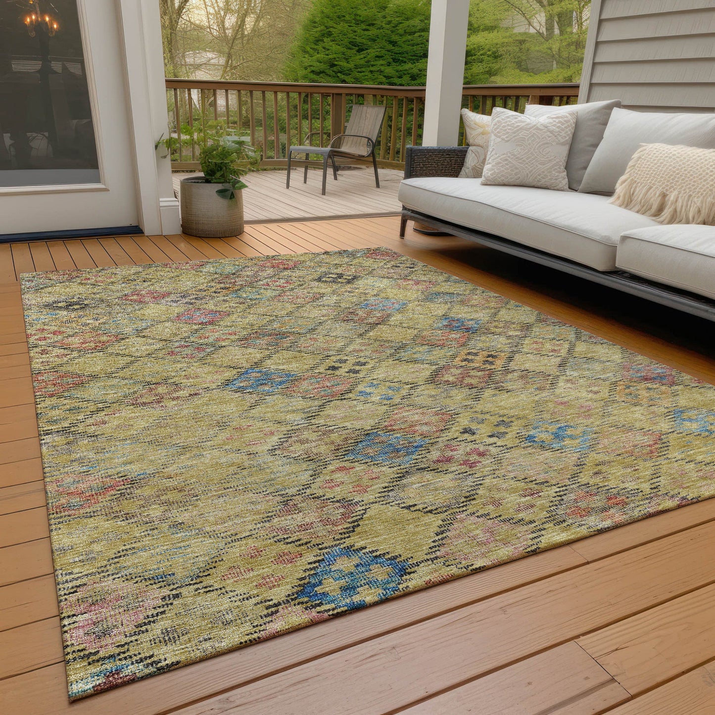 3' X 5' Gold Pink And Blue Geometric Washable Indoor Outdoor Area Rug