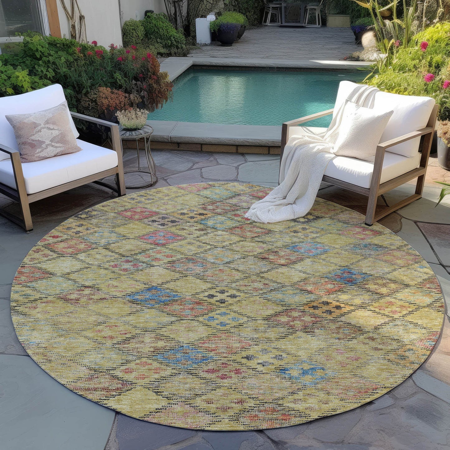 3' X 5' Gold Pink And Blue Geometric Washable Indoor Outdoor Area Rug