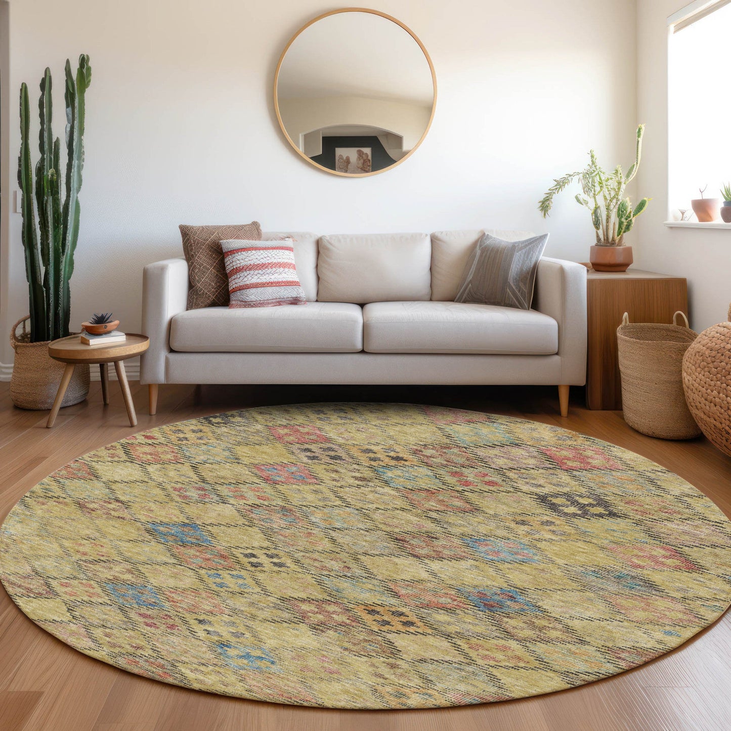 3' X 5' Gold Pink And Blue Geometric Washable Indoor Outdoor Area Rug