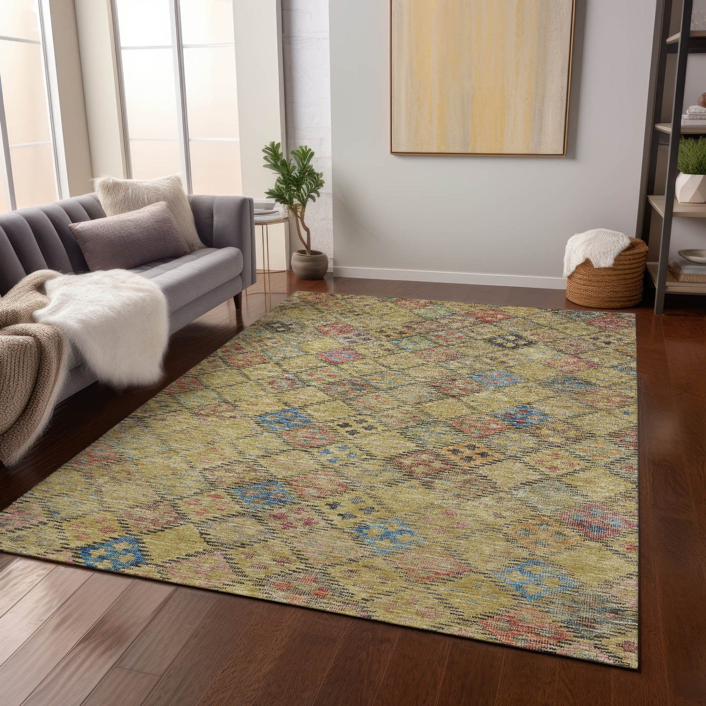 3' X 5' Gold Pink And Blue Geometric Washable Indoor Outdoor Area Rug