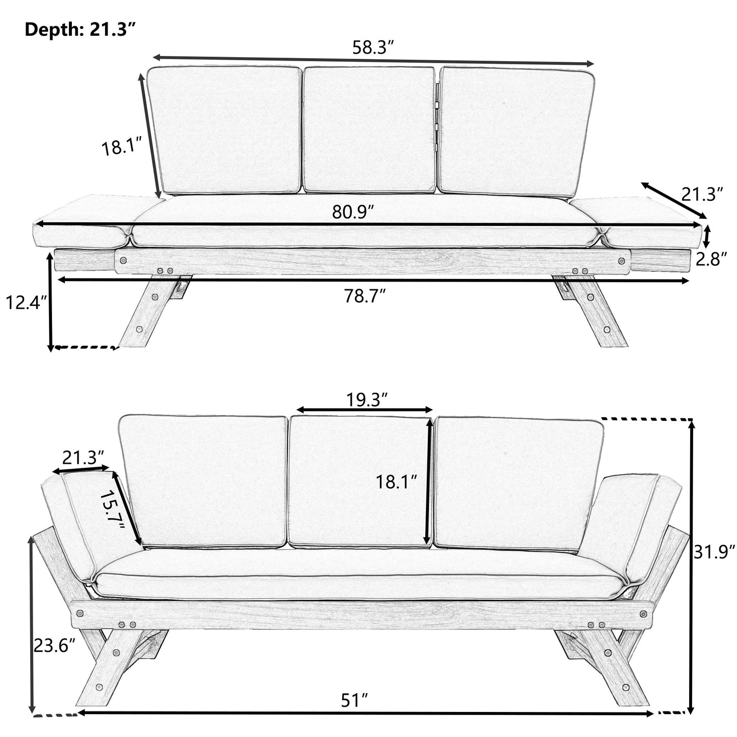 Outdoor Adjustable Patio Wooden Daybed Sofa Chaise Lounge with