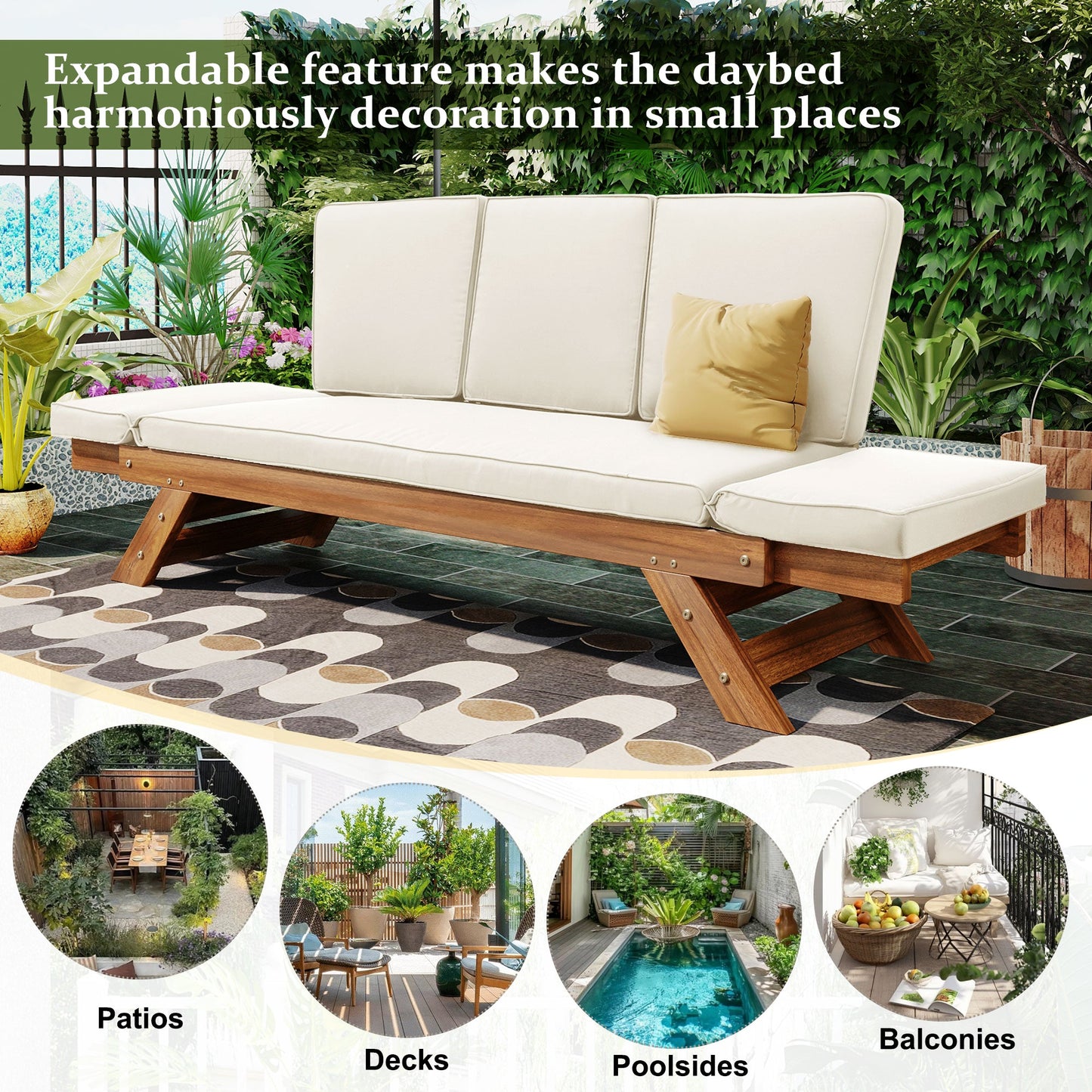 Outdoor Adjustable Patio Wooden Daybed Sofa Chaise Lounge with