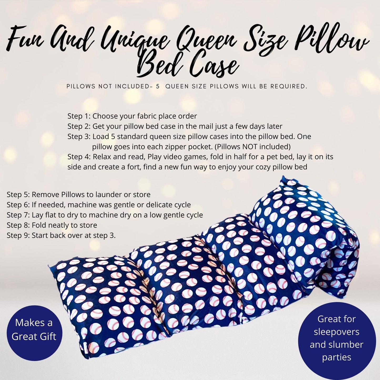 Baseball Pillow Bed Slipcover, Baseball Floor Lounger Slipcover,