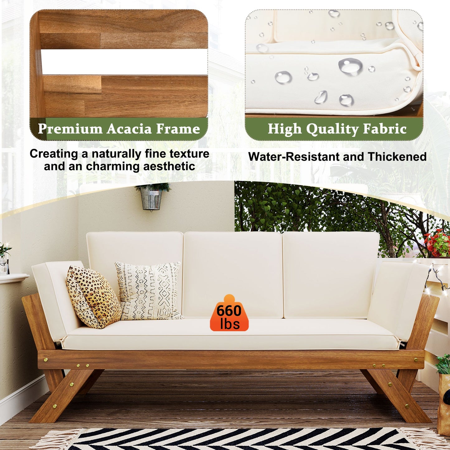 Outdoor Adjustable Patio Wooden Daybed Sofa Chaise Lounge with