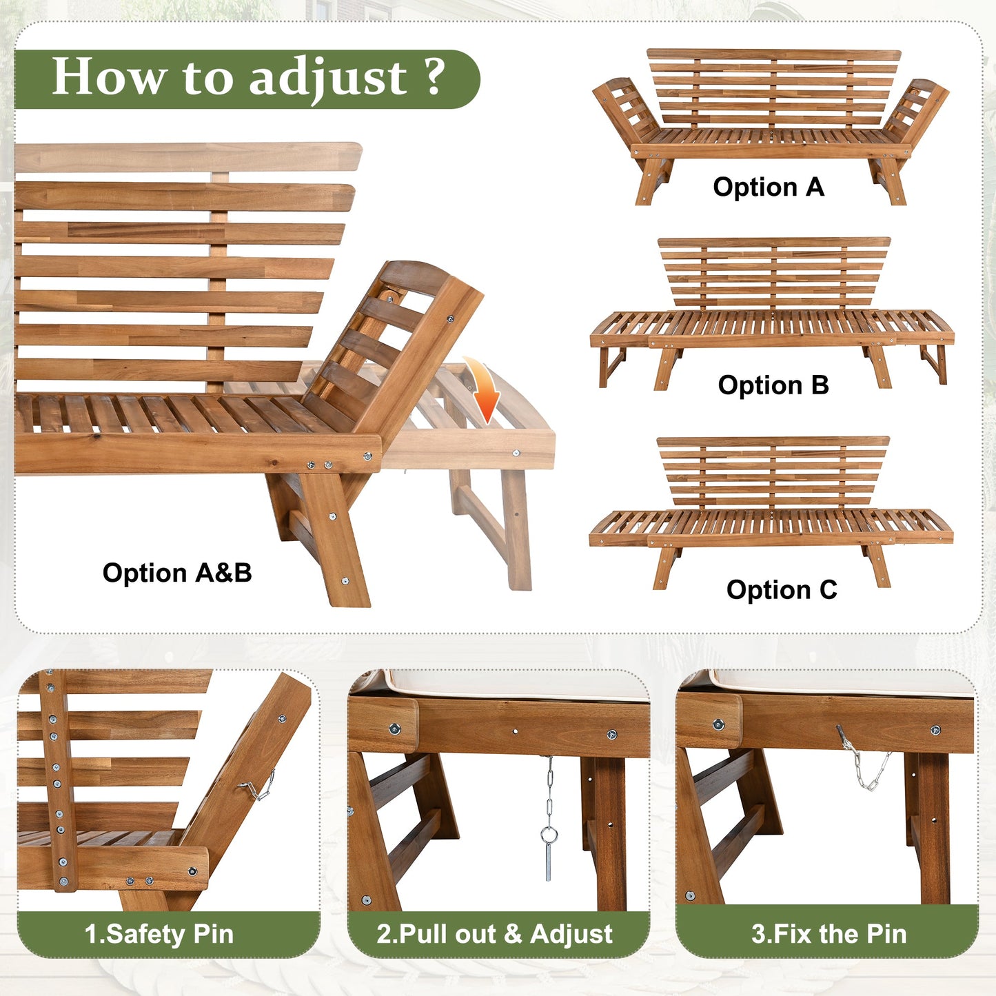 Outdoor Adjustable Patio Wooden Daybed Sofa Chaise Lounge with