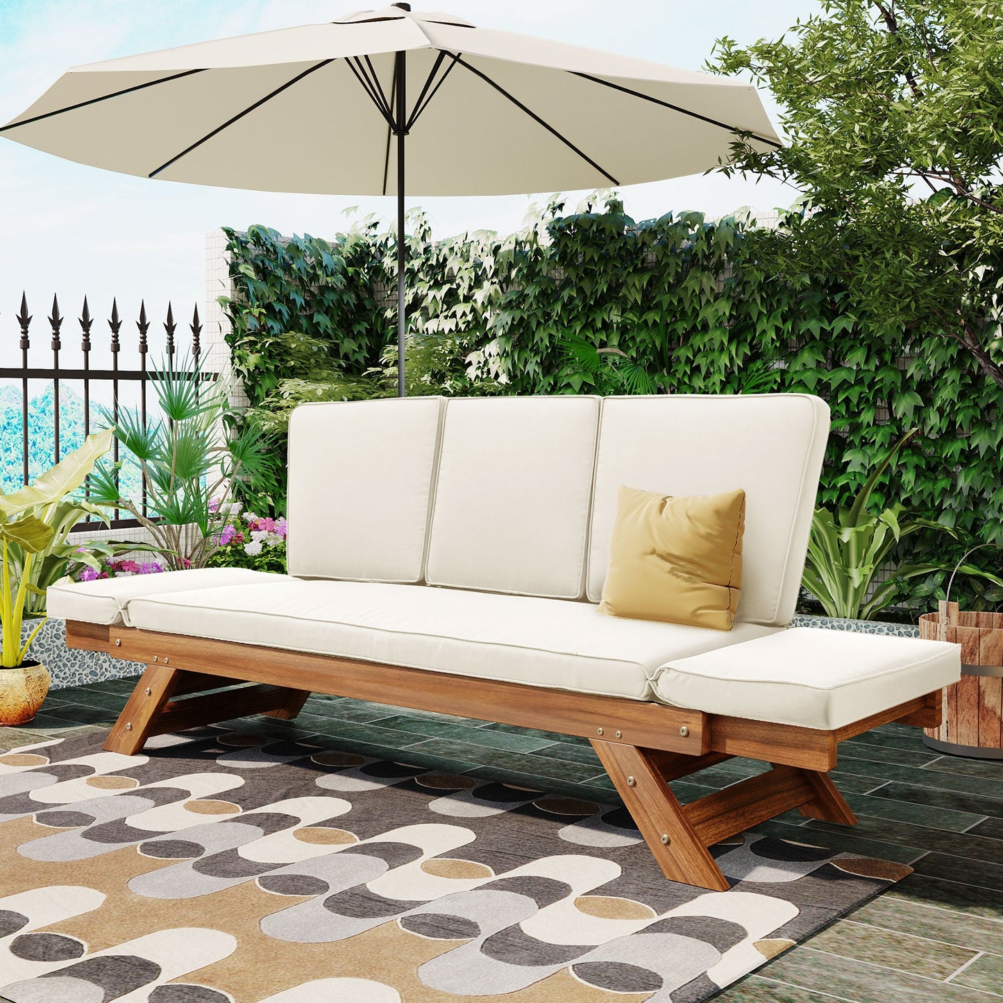 Outdoor Adjustable Patio Wooden Daybed Sofa Chaise Lounge with