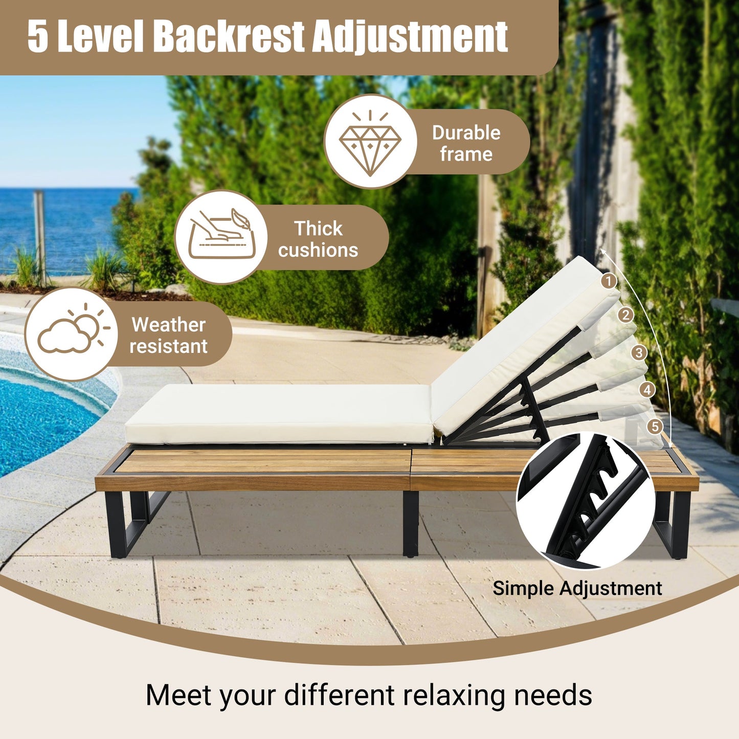 Outdoor Chaise Lounge Chair with 5-Position Adjustable Backrest,